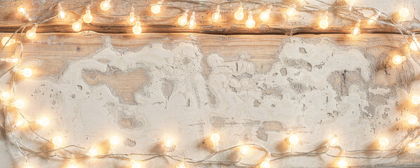 Old vintage white wooden plank with Christmas lights texture background