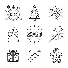 Set of Christmas and New Year holiday isolated black icons on white background. Vector illustration