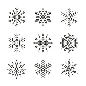 Set of 9 vector snowflakes isolated on white background. Simple flat illustration
