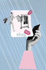 Vertical collage image of hand hold telephone shop app mini girl black white gamma hold bags...