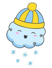 Snowfall icon, cloud in a warm hat, snowflakes