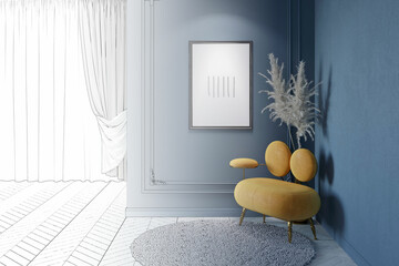 A sketch becomes a classic dark blue room with a vertical poster on a blue wall with moldings, feathers behind an orange sofa, a round carpet on a parquet floor, curtains in the background. 3d render