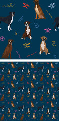 Seamless dog pattern, holiday texture. Navy dark background, colorful abstract elements. Packaging, textile, textile, fabric, decoration, wrapping paper. Рand-drawn boxer mastiff breed wallpaper. - obrazy, fototapety, plakaty