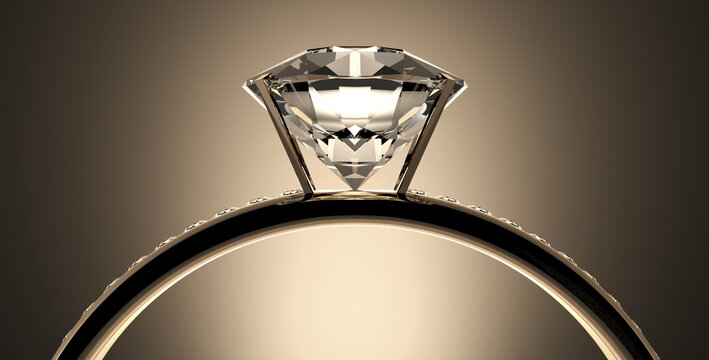 Close-up of a diamond engagement ring with a solitaire gemstone and metallic band on a soft gradient background, 3D render