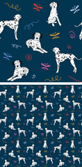 Seamless dog pattern, holiday texture. Navy dark background, colorful abstract elements. Packaging, textile, textile, fabric, decoration, wrapping paper. Trendy hand-drawn dalmatian breed wallpaper.
