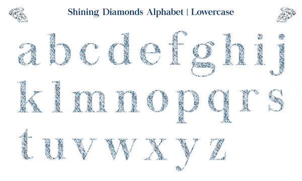Shining Diamonds Alphabet or Font Set for luxurious and elegant design theme. Includes letters in uppercase and lowercase, numbers, punctuation marks and symbols. 