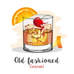 Fotobehang Old fashioned alcoholic drink in a glass goblet with ice cherry and orange on a black background with the title text © Guzal Arislanova