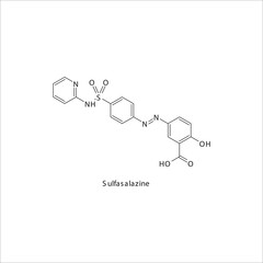 Sulfasalazine  flat skeletal molecular structure Sulfonamide antibiotic drug used in dihydrofolate, folic acid, dhfr, methotrexate, leprosy treatment. Vector illustration.