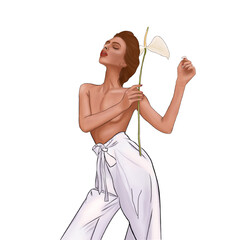 girl woman   fashion with a flower in her hands with braided brown hair in white pants with a bow