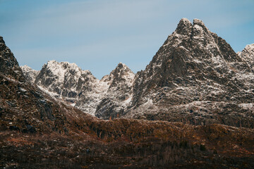 Dramatic landscape. Panoramic view of the Lofoten islands, Norway. Rocks on the coast.