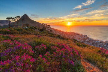 Naklejka premium Lion's Head during sunset seen from Signal Hill, Cape Town, South Africa