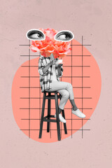Vertical creative photo illustration collage of nice headless girl flower instead of head hold cup...