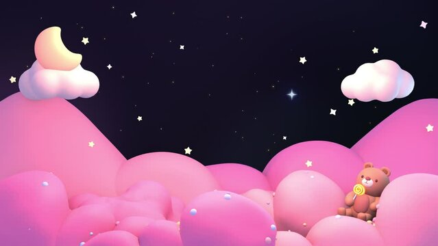 Looped cute little baby bear holding a lollipop sitting on pink clouds watching night sky animation.