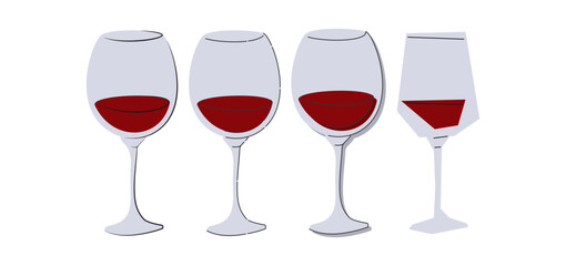 Red wine glass on white background. Cartoon sketch graphic design. Doodle style. Colored hand drawn image. Party drink concept for restaurant, cafe, party. Freehand drawing style