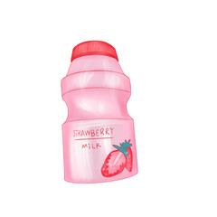pink plastic bottle with milk with weight of strawberries, milkshake, bottle with strawberry pattern