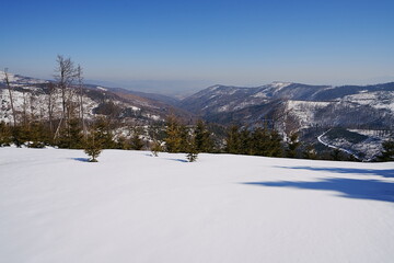 Fototapeta na wymiar Panoramic Silesian Beskid on european Bialy Krzyz in Poland
