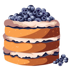 Illustration of multilayer cake with blueberries and custard cream isolated on transparent. Bakeries, Happy Birthday, cafe, confectionery, clipart concept.