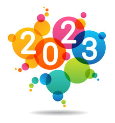 2023 Happy New Year. White number in colored balls, Christmas decoration. Christmas poster, cover, brochure, banner.