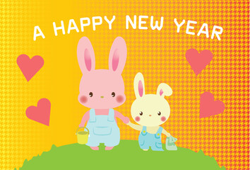 千鳥格子の背景で手をつなぐウサギの兄弟の年賀状