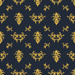 Seamless vector gold and dark blue ornament for fabric, wallpaper, packaging, ornate Damask flower ornament.