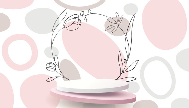 Flowers Podium stand for cosmetics presentation. Vector scene for product. Flower postcart tamplate with red shapes