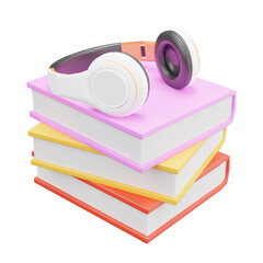 3D book with headphones,  3D rendering illustration