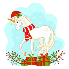 Christmas card with unicorn and gifts