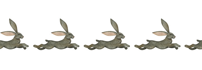 Watercolor seamless border with cute rabbit. Repeatable geometric frame for creative design