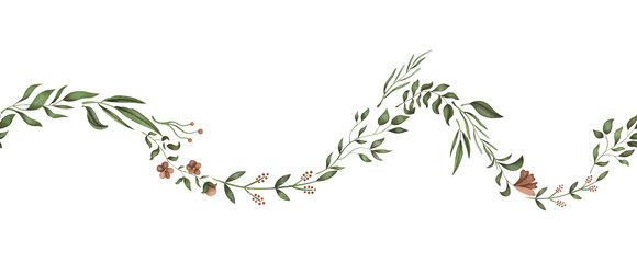 Watercolor seamless border with delicate flowers, leaves and branches. Repeatable frame for creative design