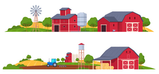 Farm buildings. A farmer dwelling, a barn for animals, a hangar for storing crops. Vector illustration