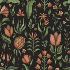 Watercolor seamless pattern with vintage red flowers, branches and leaves on a black background for creative design