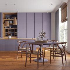 Minimalist contemporary wooden dining room and kitchen in purple tones. Island and table with chairs, parquet floor. Modern interior design