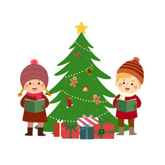 Obraz na płótnie Canvas Happy kids singing Christmas Carols with Christmas tree