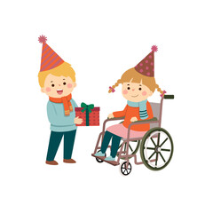 Vector illustration of boy giving gift box to little disabled girl in a wheelchair
