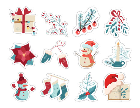 Big set of Christmas stickers for cutting out with a white contour. Vector illustration in hand-drawn style for decor, card decoration, gift boxes, mailers, gift tags