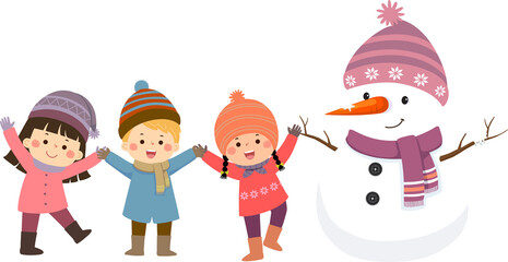 Children holding hands with snowman
