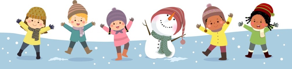 kids playing in winter with snowman