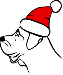 bull mastiff dog in santa hat merry christmas black and white outline portrait graphic, isolated vector illustration
