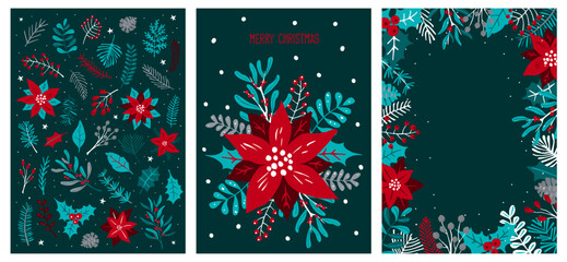 merry christmas xmas festive greeting card templates set with winter foliage plants flowers, vector illustration