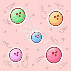 Cute hand-drawn set of bowling balls in doodle cartoon style. Composition in neutral candy colors. Kawaii element for card, social media banner, sticker, kids playroom decor. Vector illustration