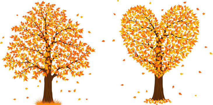 autumn fall trees with falling leaves, isolated vector illustration