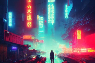 Futuristic cyberpunk city. Concept sci fi downtown at night with skyscraper, highway and billboards. 3D illustration.