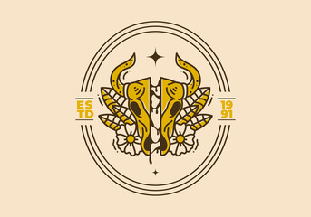 Vintage art illustration of a bull skull and flowers round it