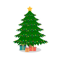 Decorated christmas tree with gift boxes and lights. Merry Christmas and a happy new year. Flat style vector illustration.