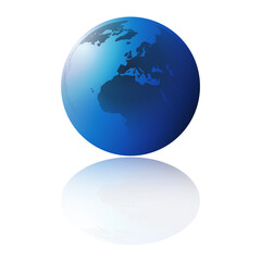 Simple Isolated Blue Earth Globe Design with Reflection - Europe, Africa, Middle East Side - Template with Copyspace for Web, Poster, Placard, Flyer or Cover Designs