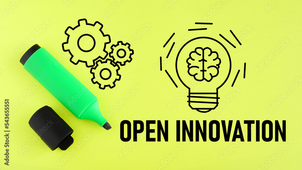 Poster Open innovation is shown using the text and picture of lamp with brain