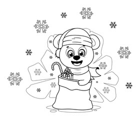 Coloring page. Cartoon Christmas teddy with gifts