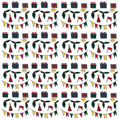 garland with flags,boxes packed with gifts,a cone hat with an asterisk,a crown,a New Year's print,a Christmas print, a birthday print,christmas berries and leaves,a Christmas leaf and berries