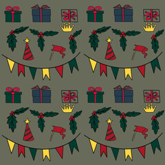 garland with flags,boxes packed with gifts,a cone hat with an asterisk,a crown,a New Year's print,a Christmas print, a birthday print,christmas berries and leaves,a Christmas leaf and berries