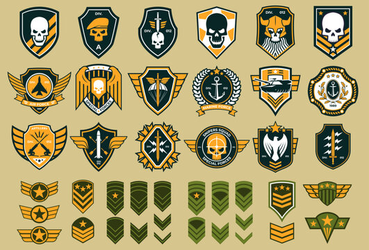 Military stripes, emblems, badges. Signs of different types of troops, ranks. Vector illustration